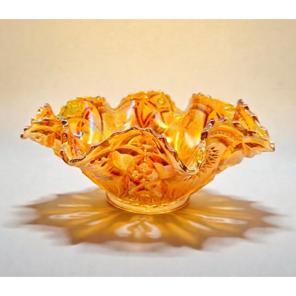 Vintage Carnival Glass Ruffled Sunburst Collectible Bowl Amber Iridescent Decora